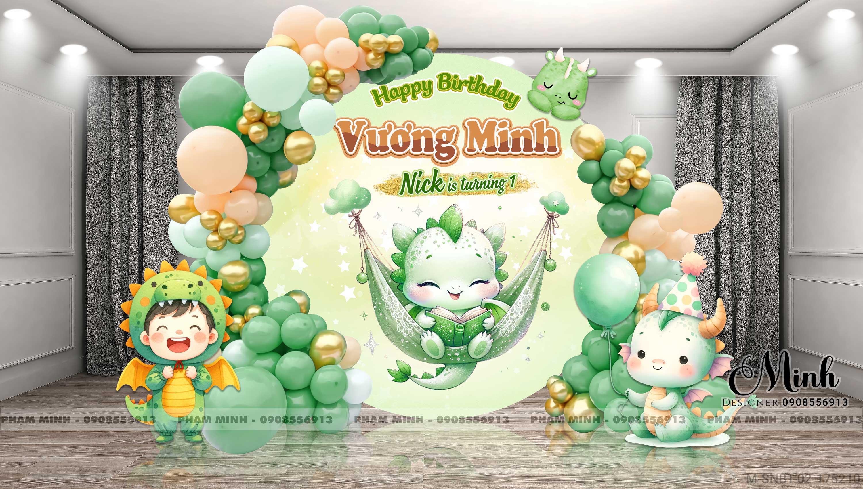 File thiết kế sinh nhật bé trai 1 tuổi con rồng khung tròn tone xanh lá cute đáng yêu