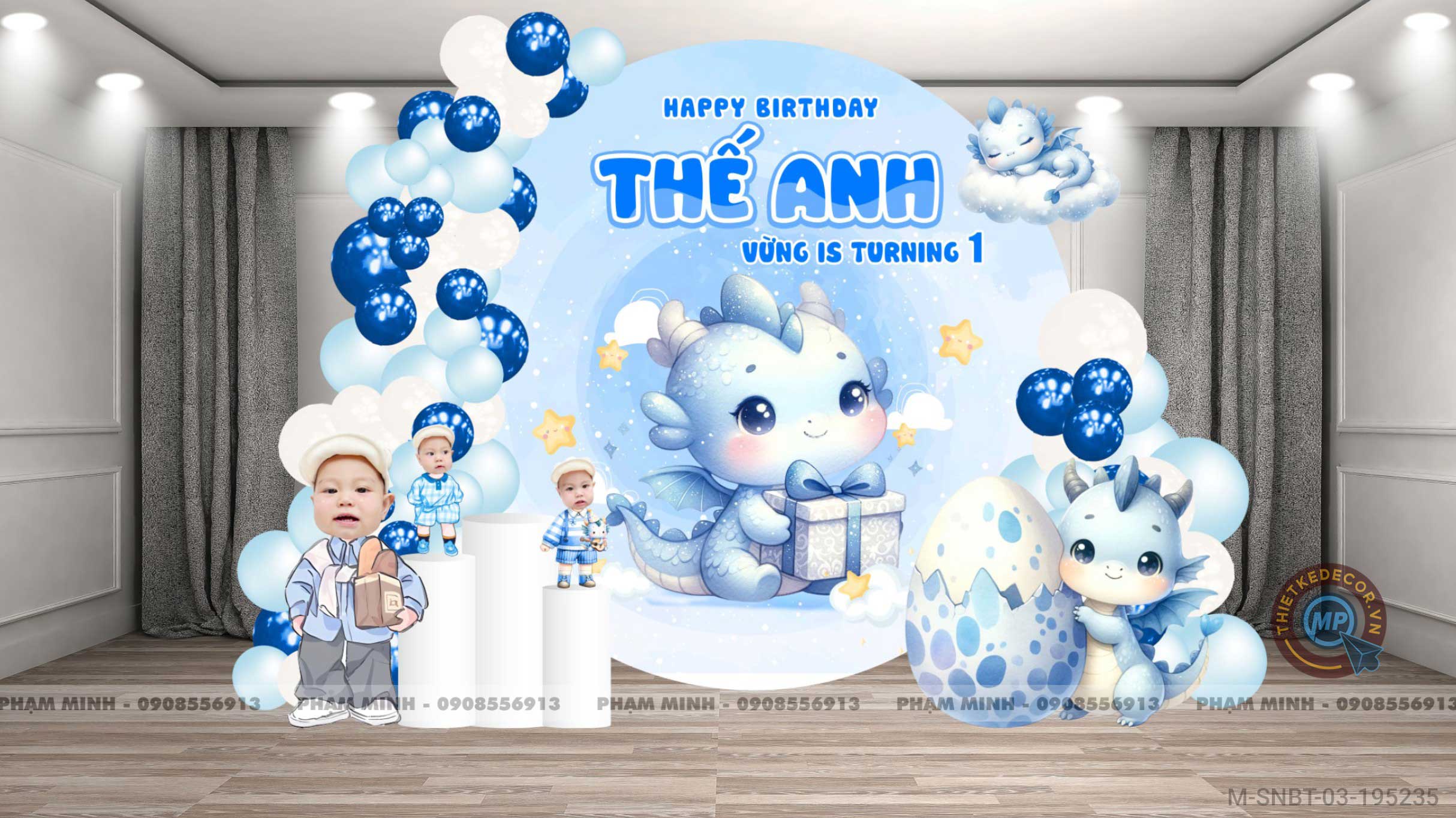 File thiết kế sinh nhật bé trai 1 tuổi con rồng khung tròn tone xanh blue cute dễ thương.