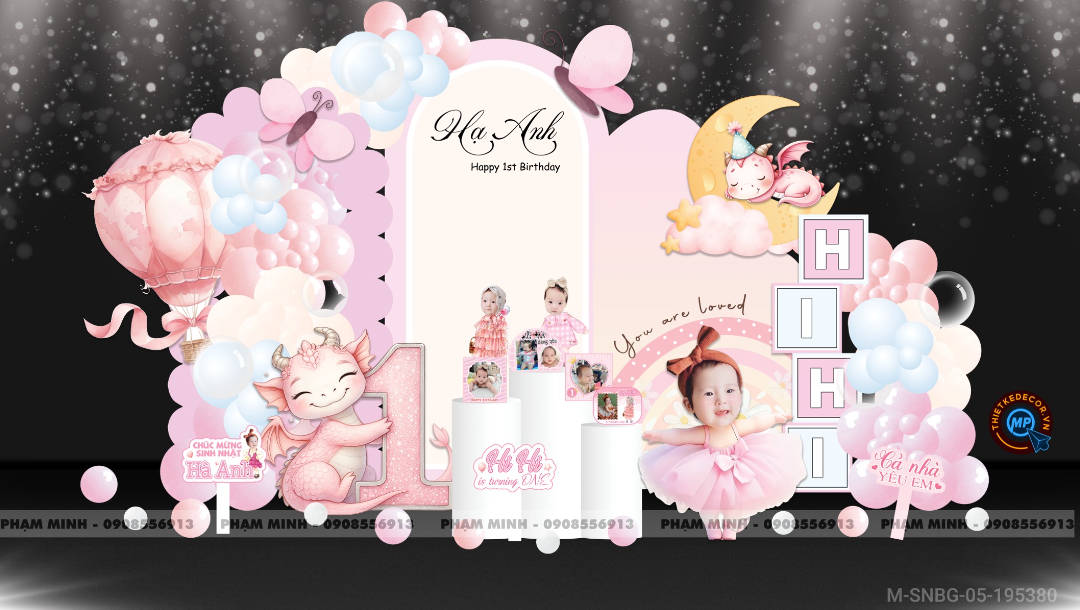 File thiết kế sinh nhật bé gái 1 tuổi chủ đề rồng cute đáng yêu dễ thương tone hồng phối vàng pastel