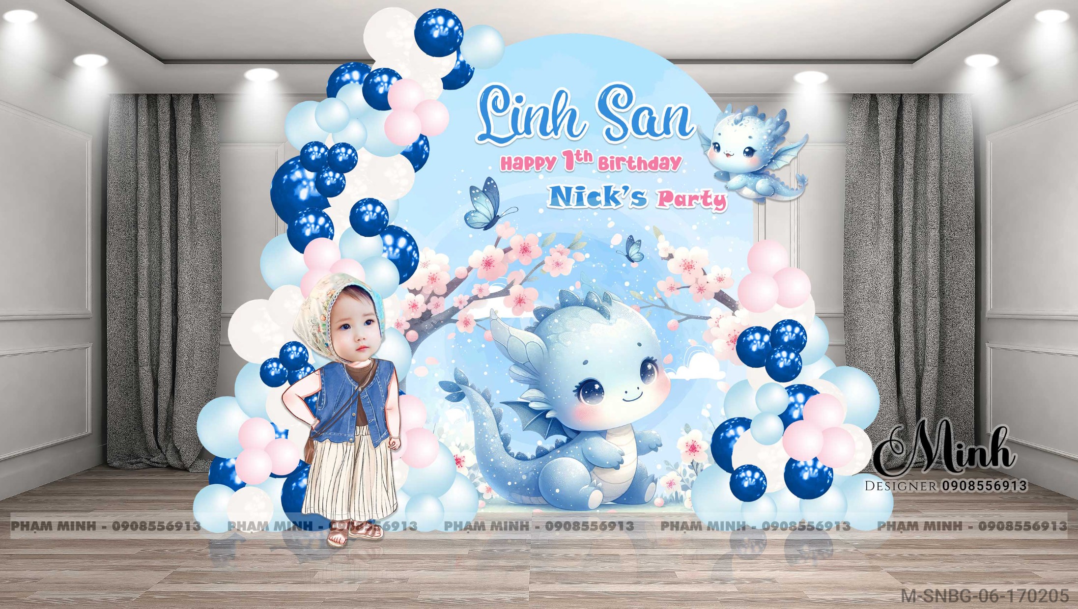 File thiết kế sinh nhật bé gái 1 tuổi con rồng khung U và chibi tone xanh blue cute dễ thương.