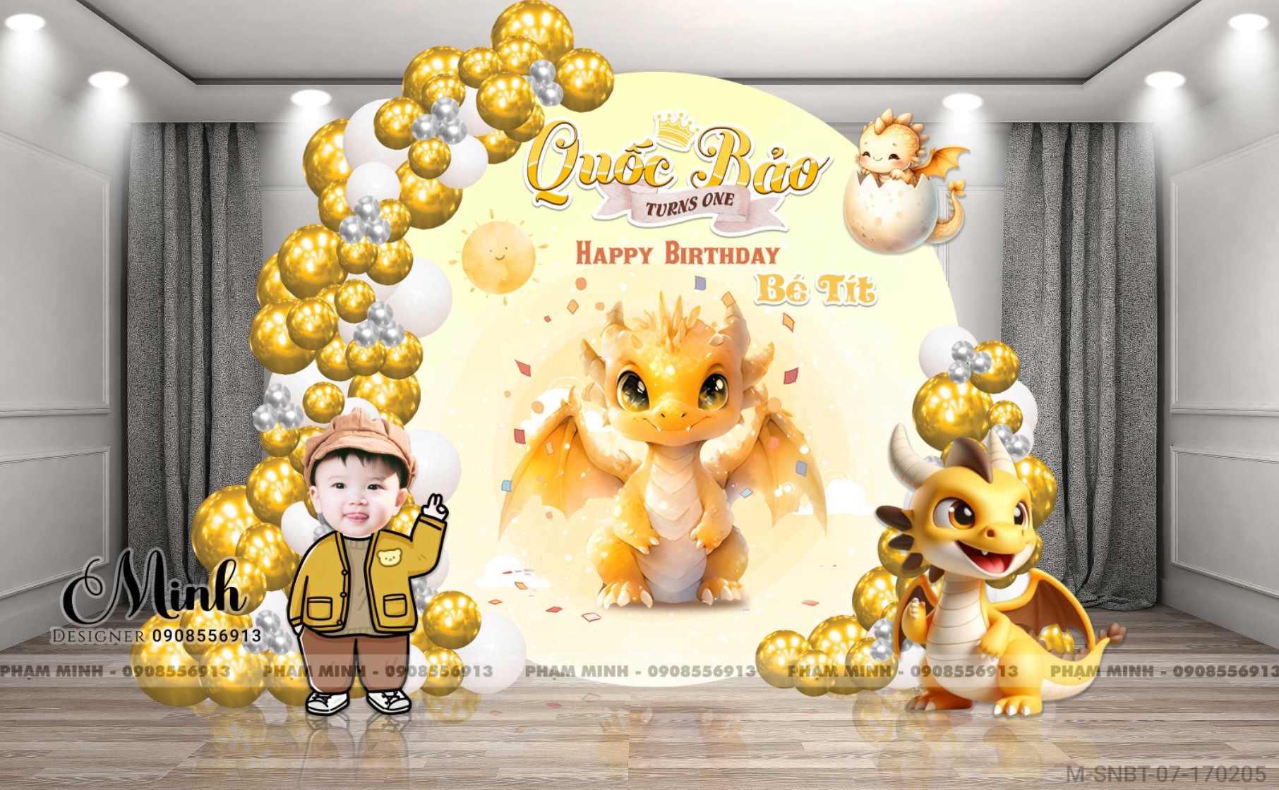 File thiết kế sinh nhật bé trai 1 tuổi con rồng khung tròn và chibi tone vàng cute dễ thương.