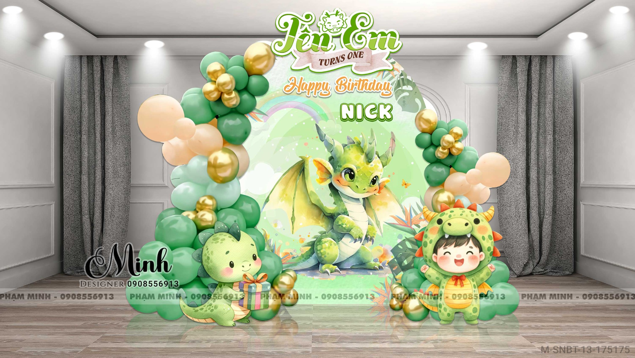 File thiết kế sinh nhật bé trai 1 tuổi con rồng khung U và chibi tone xanh lá cute dễ thương.