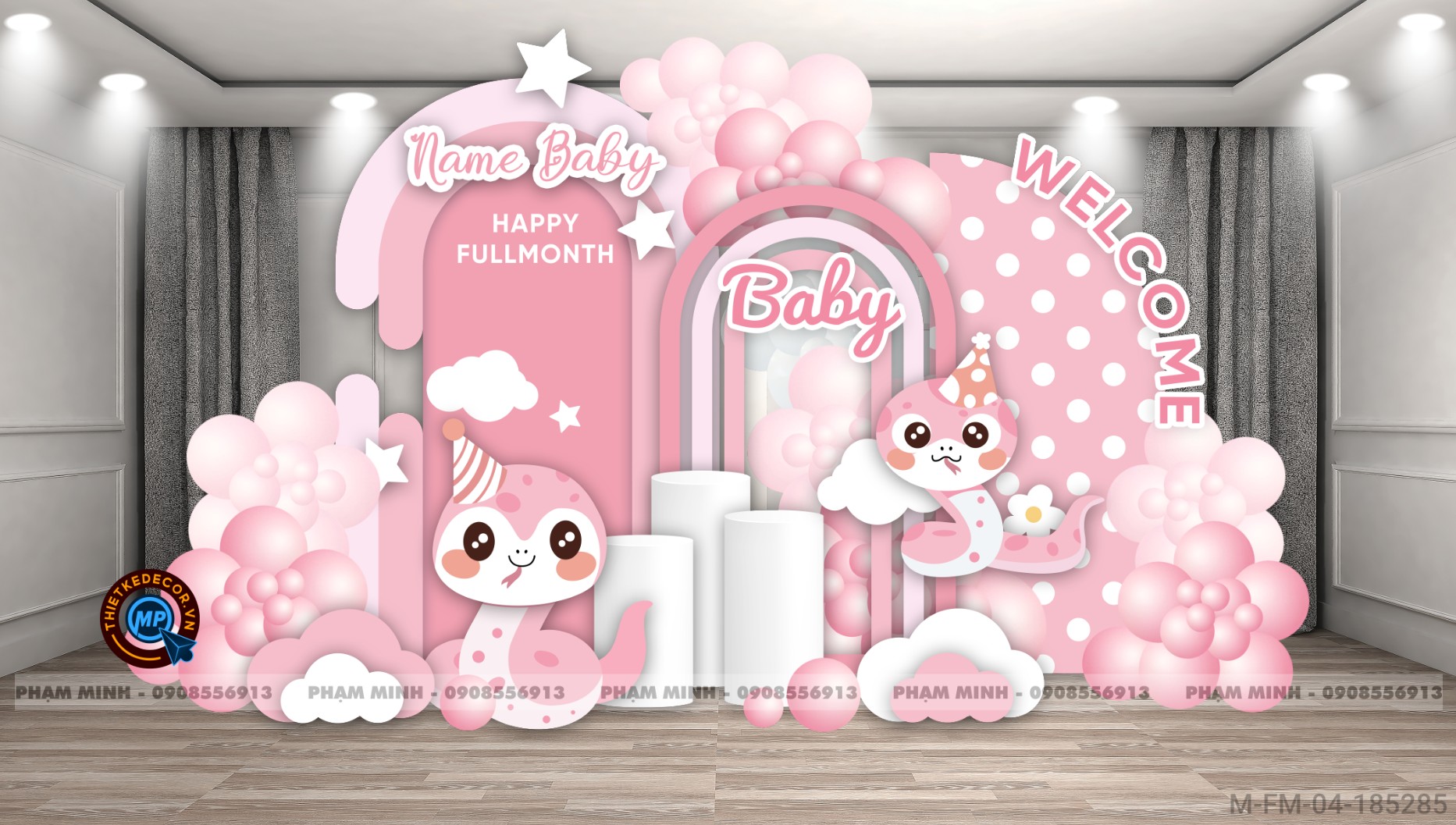 File thiết kế Background đầy tháng fullmonth bé tuổi tỵ thìn tone hồng cute dễ thương đáng yêu