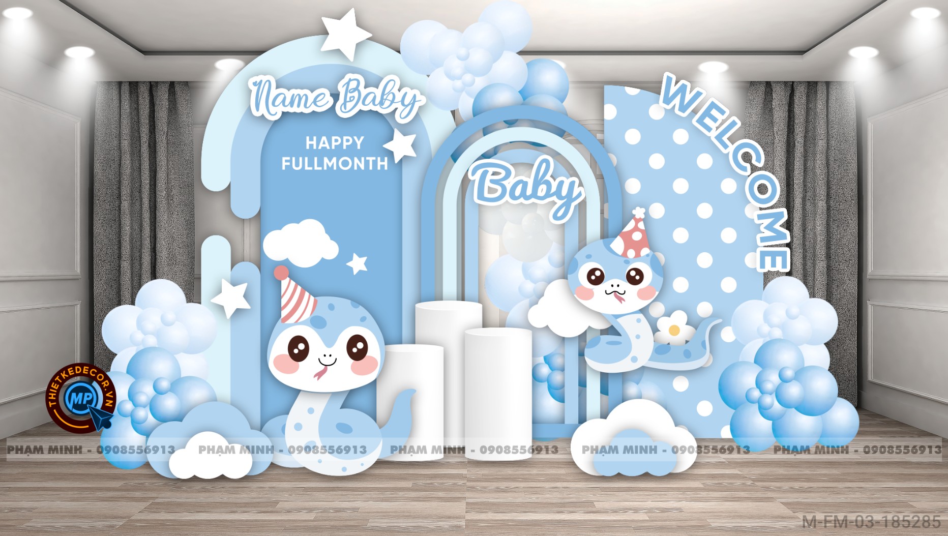 File thiết kế Background đầy tháng fullmonth bé tuổi tỵ thìn tone xanh dương cute dễ thương đáng yêu