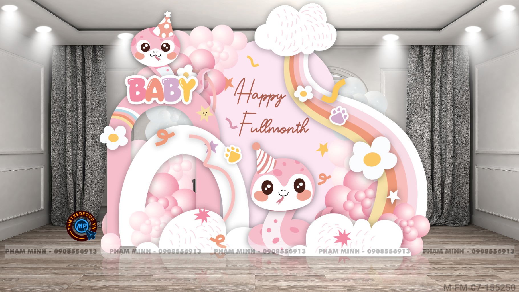 File thiết kế Background đầy tháng fullmonth bé tuổi tỵ thìn tone hồng cute dễ thương đáng yêu