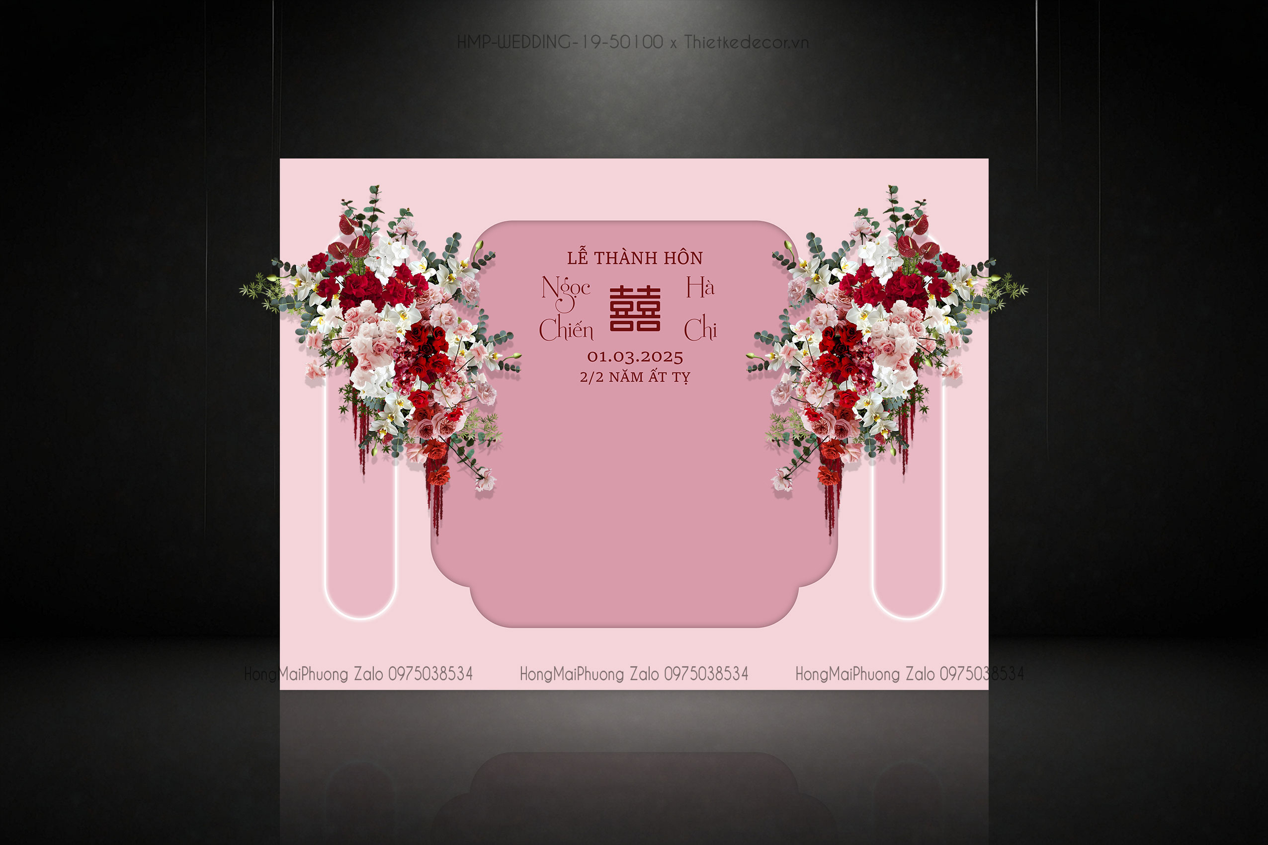 Sân khấu đám cưới tone hồng ruốc