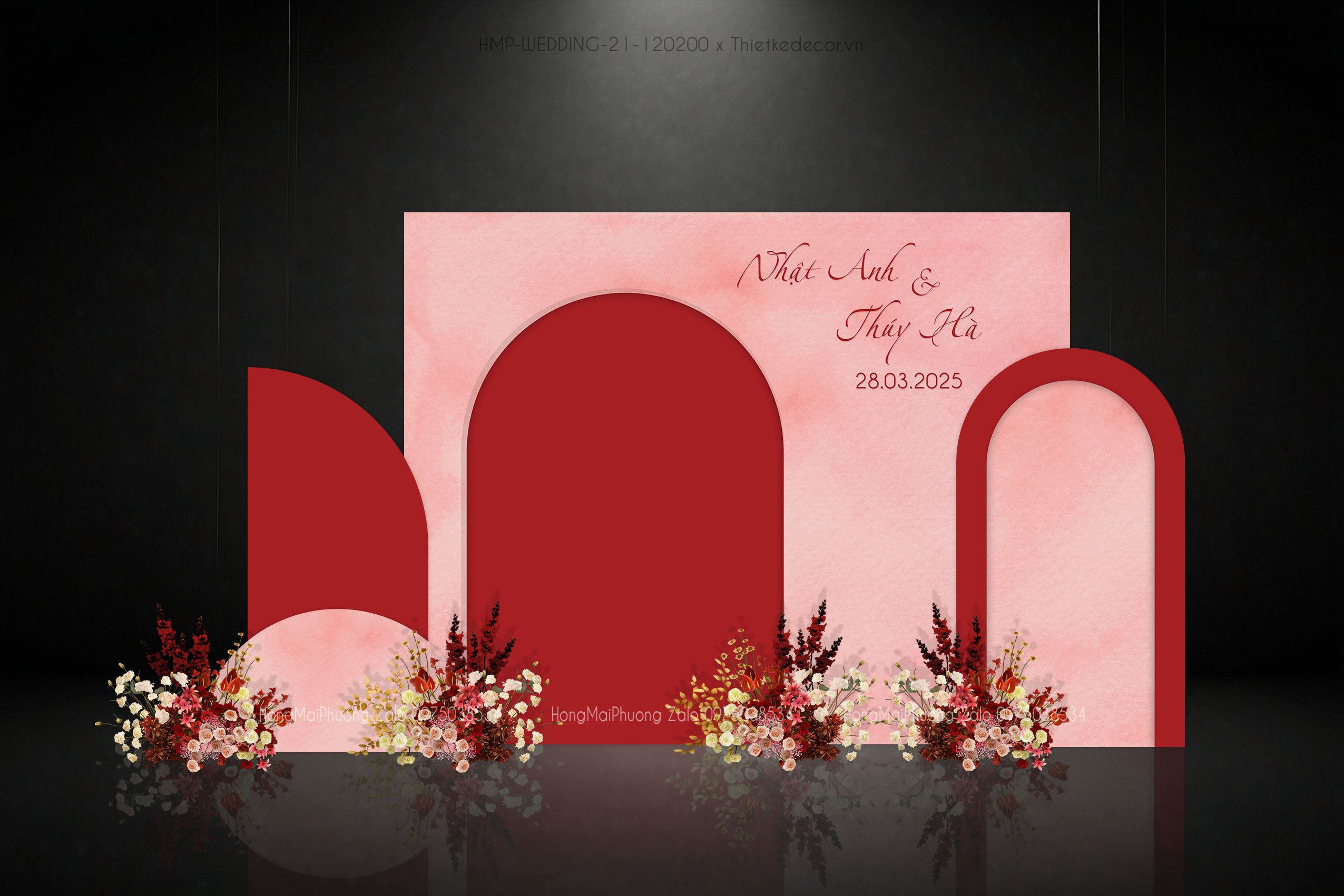 backdrop check in tiệc cưới tone đỏ hồng loang