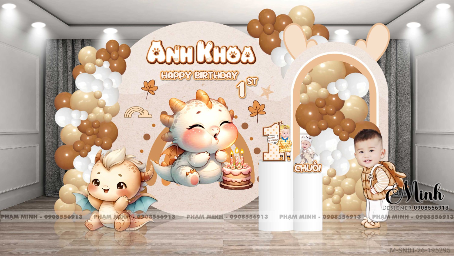 File thiết kế sinh nhật bé trai 1 tuổi con rồng và chibi tone nâu cute dễ thương.