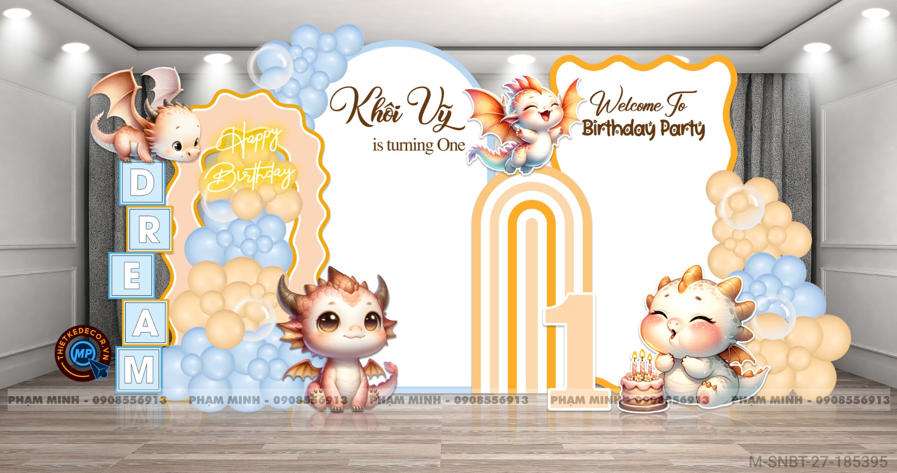 File thiết kế sinh nhật bé trai 1 tuổi con rồng cute dễ thương.