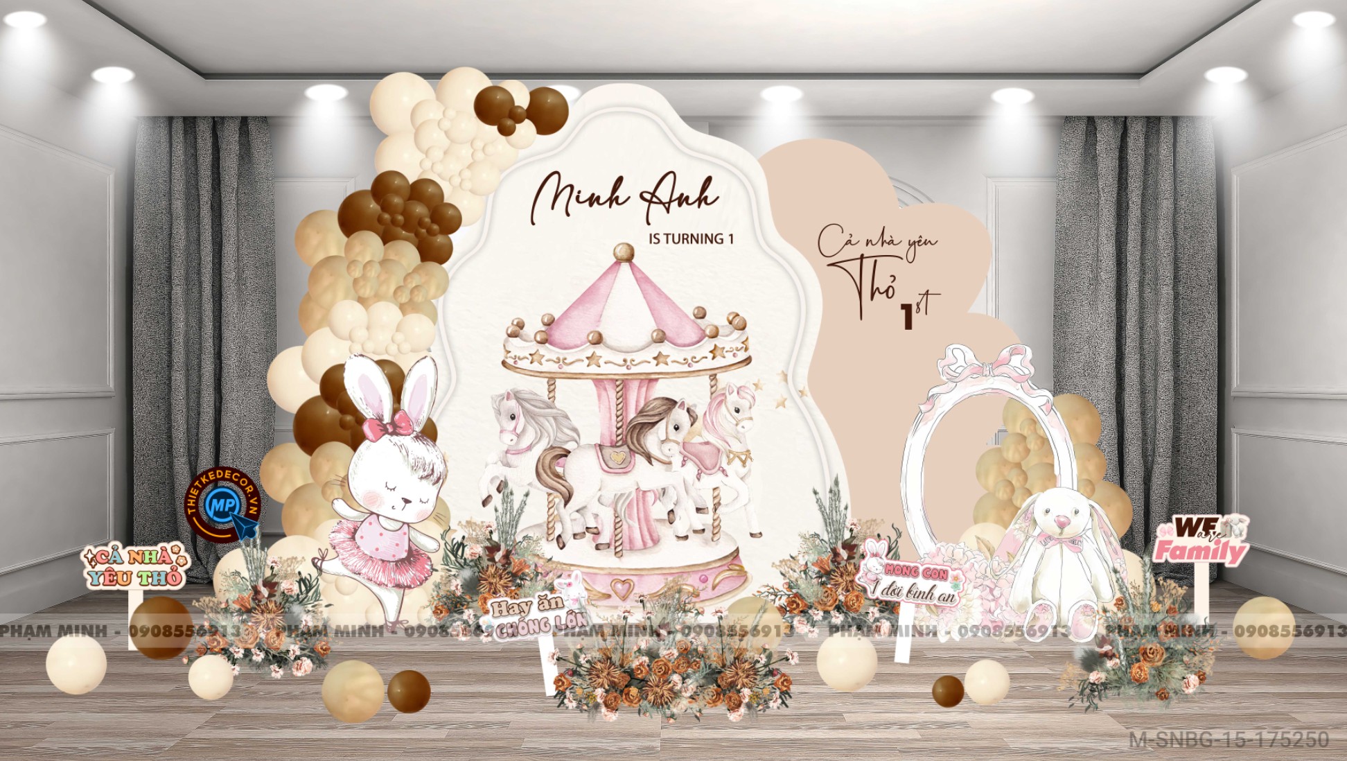 File thiết kế sinh nhật bé gái 1 tuổi chủ đề quả Công chúa và con thỏ tone nâu tây cute dễ thương.