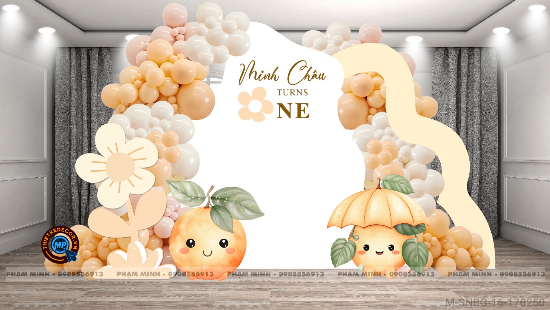 File thiết kế sinh nhật bé gái 1 tuổi chủ đề quả cam tone cam cute dễ thương.