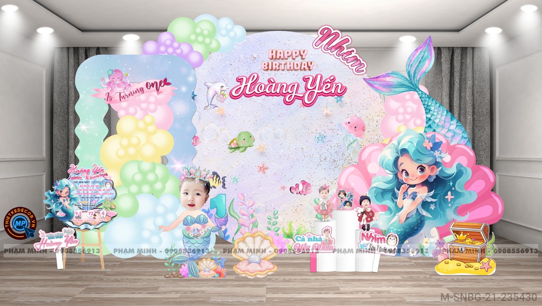 File thiết kế sinh nhật bé gái 1 tuổi chủ đề Tiên cá cute dễ thương.