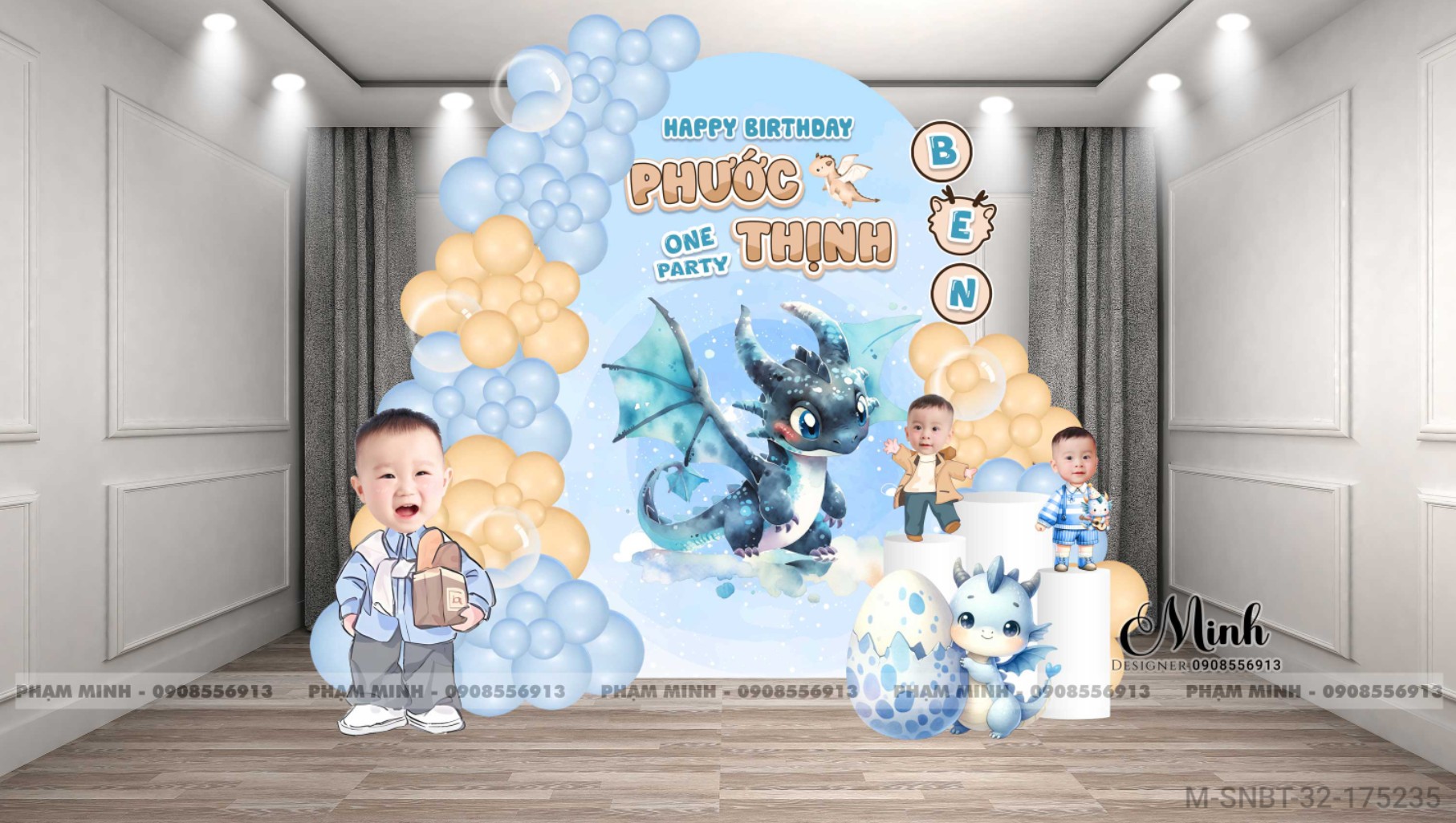 File thiết kế sinh nhật bé trai 1 tuổi con rồng khung U tone xanh blue phối cam nâu cute dễ thương.