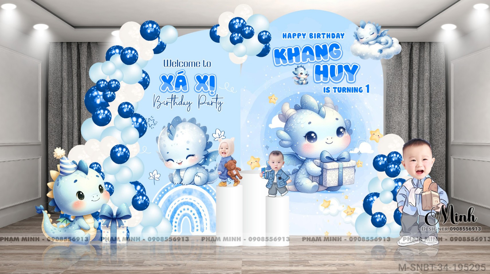 File thiết kế sinh nhật bé trai 1 tuổi con rồng tone xanh blue cute dễ thương.