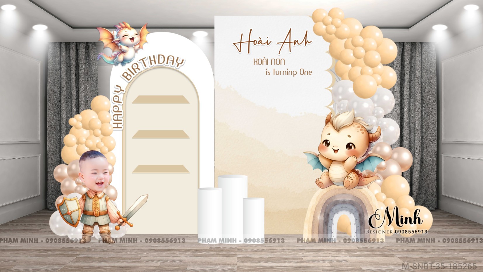 File thiết kế sinh nhật bé trai 1 tuổi con rồng tone nâu tây cute dễ thương.