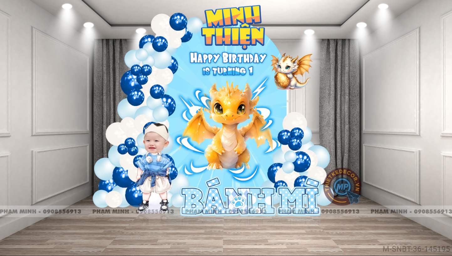 File thiết kế sinh nhật bé trai 1 tuổi con rồng khung U tone xanh blue cute dễ thương.