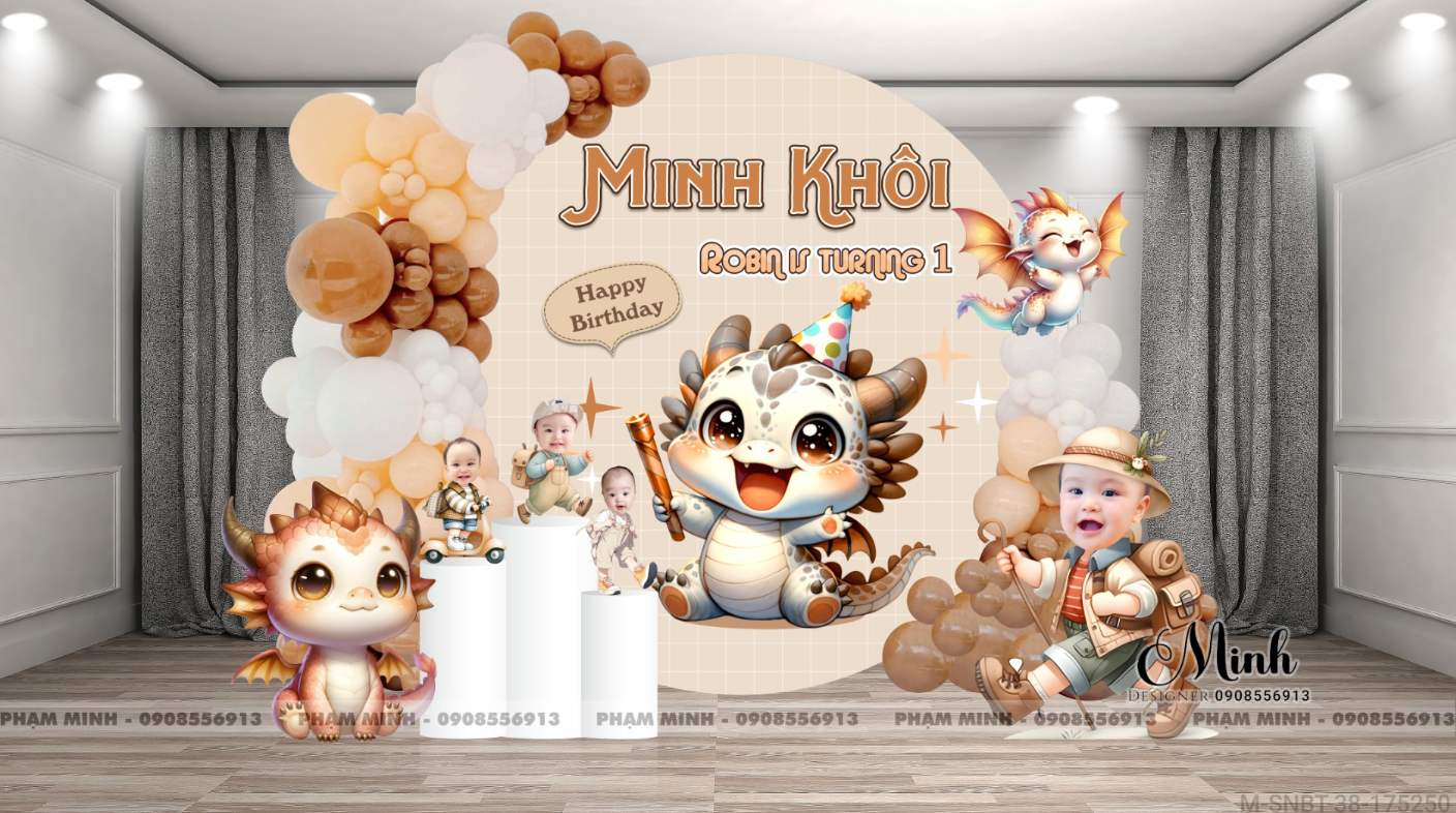 File thiết kế sinh nhật bé trai 1 tuổi con rồng khung tròn và chibi tone nâu cute dễ thương.