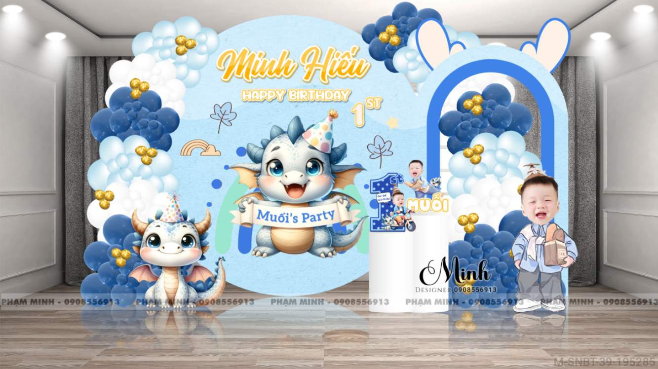 File thiết kế sinh nhật bé trai 1 tuổi con rồng và chibi tone xanh blue cute dễ thương.
