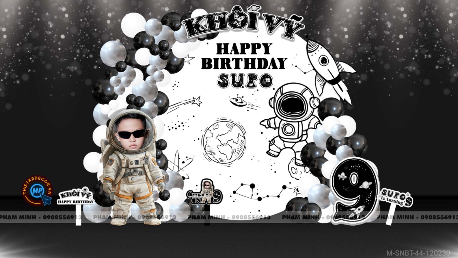 File thiết kế sinh nhật bé trai chủ đề phi hành gia tone trắng đen back tròn cute đáng yêu