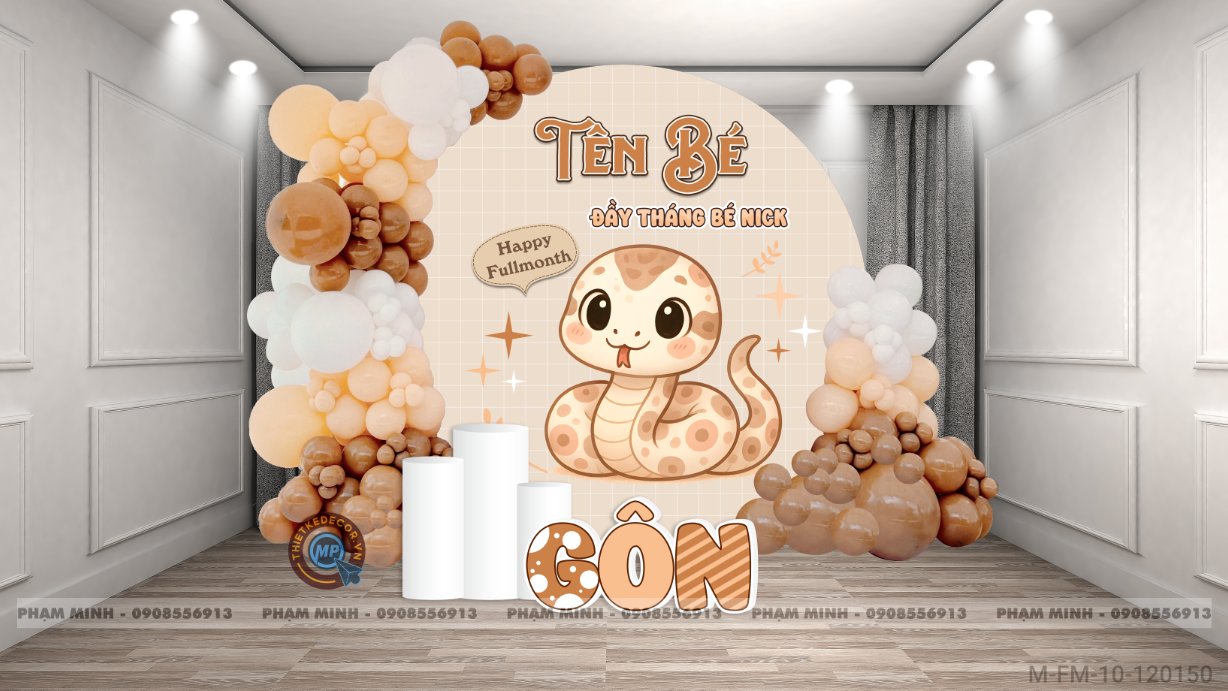 File thiết kế Background đầy tháng fullmonth bé tuổi tỵ thìn tone nâu tây cute dễ thương đáng yêu