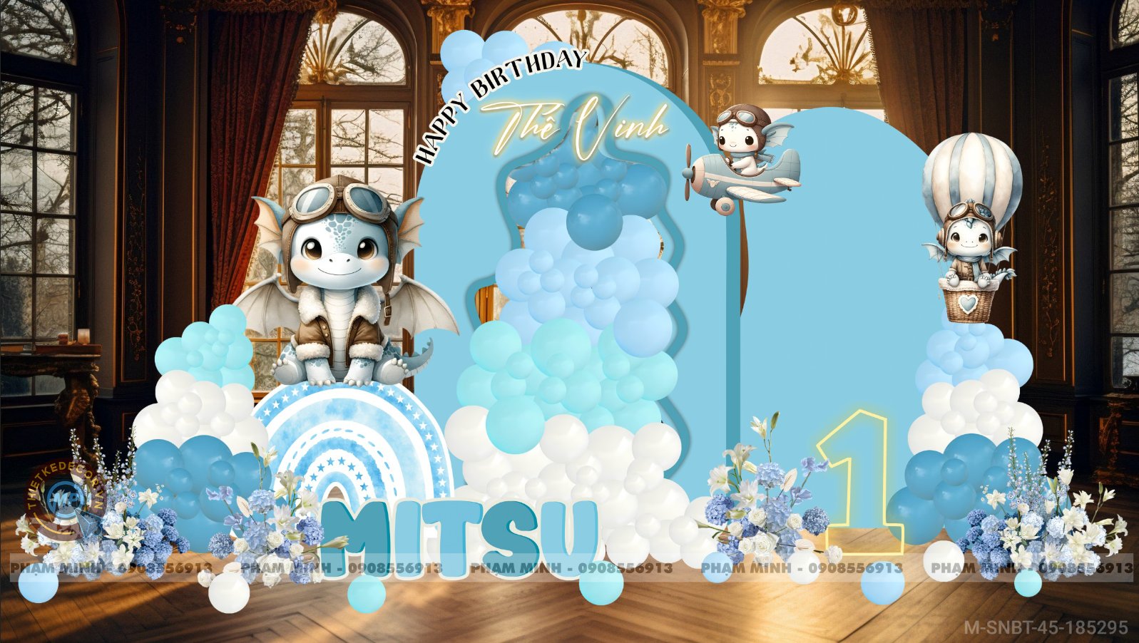 File thiết kế sinh nhật bé trai 1 tuổi con rồng và chibi tone xanh mint & navy cute dễ thương.