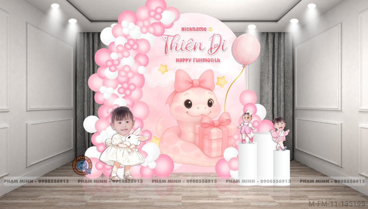 File thiết kế Background đầy tháng fullmonth bé tuổi tỵ thìn tone hồng cute dễ thương đáng yêu