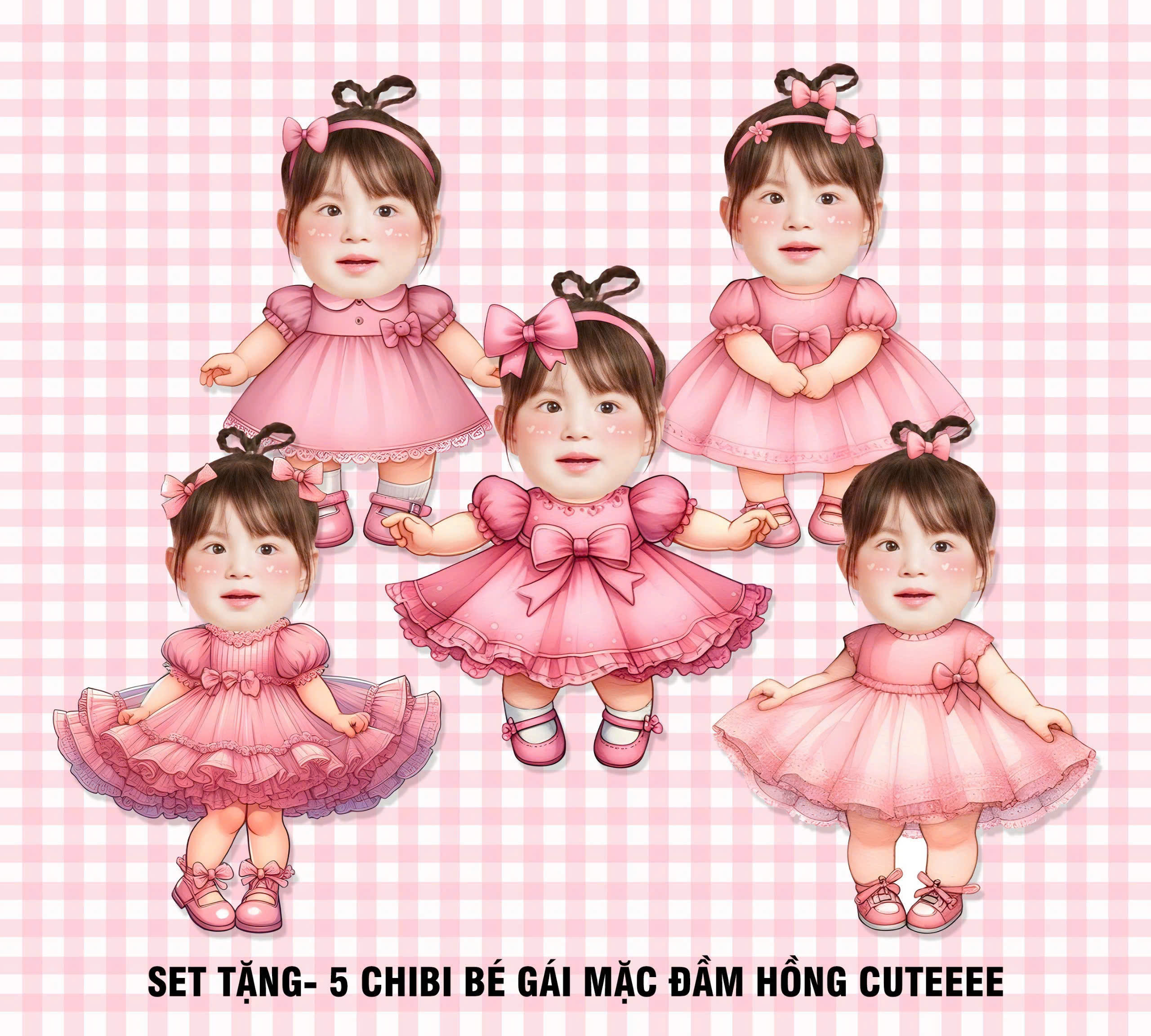 Set tặng 5 chibi bé gái mặc đầm hồng