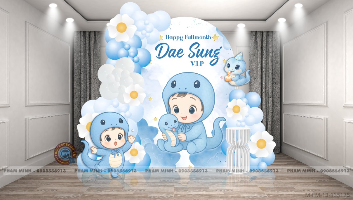File thiết kế Background đầy tháng fullmonth bé tuổi tỵ thìn tone xanh dương cute dễ thương đáng yêu