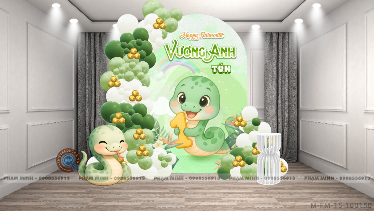 File thiết kế Background đầy tháng fullmonth bé tuổi tỵ thìn tone xanh LÁ cute dễ thương đáng yêu