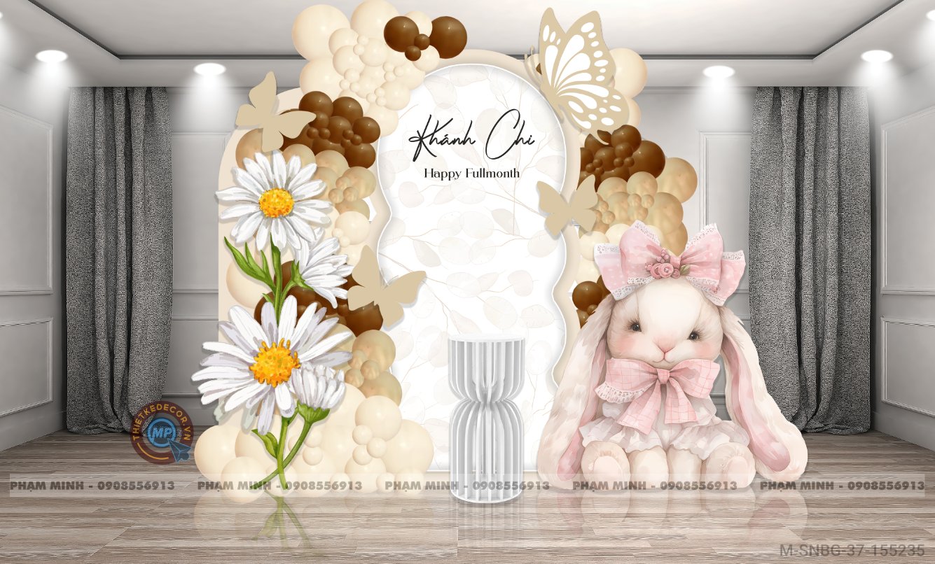 File thiết kế sinh nhật bé gái Tone Nâu Be chủ đề con thỏ và hoa Cúc Daisy cute đáng yêu