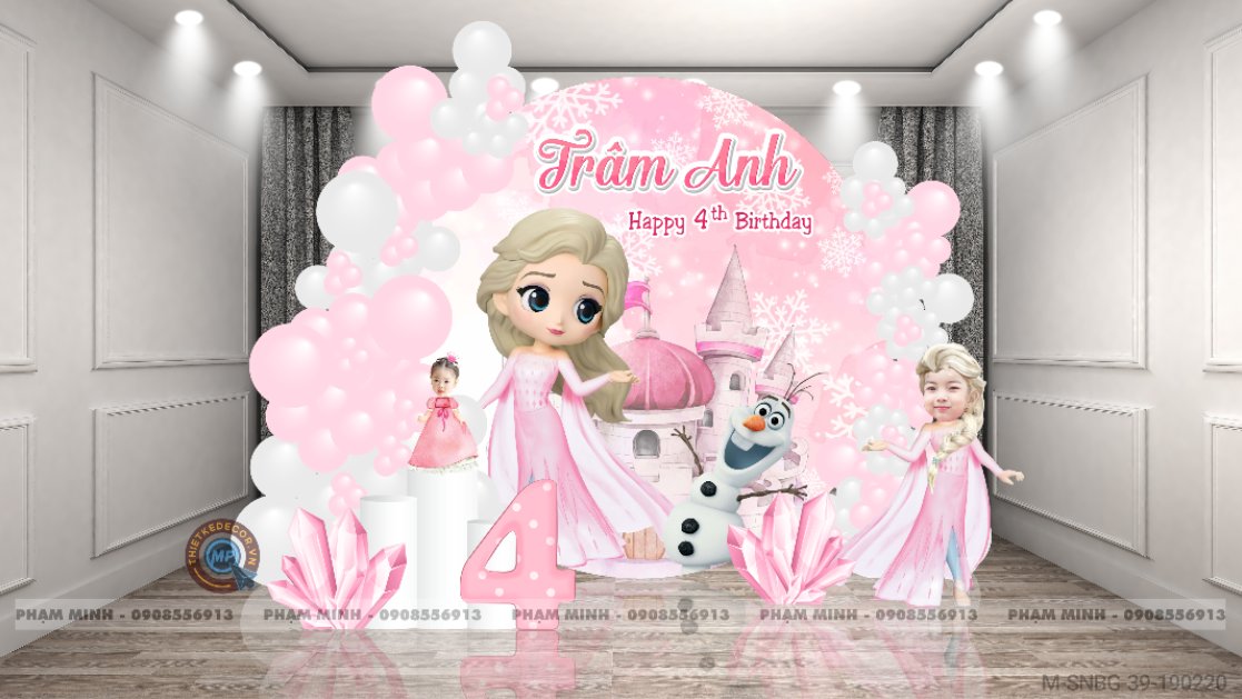 File thiết kế sinh nhật bé gái chủ đề Elsa tone hồng back tròn cute đáng yêu