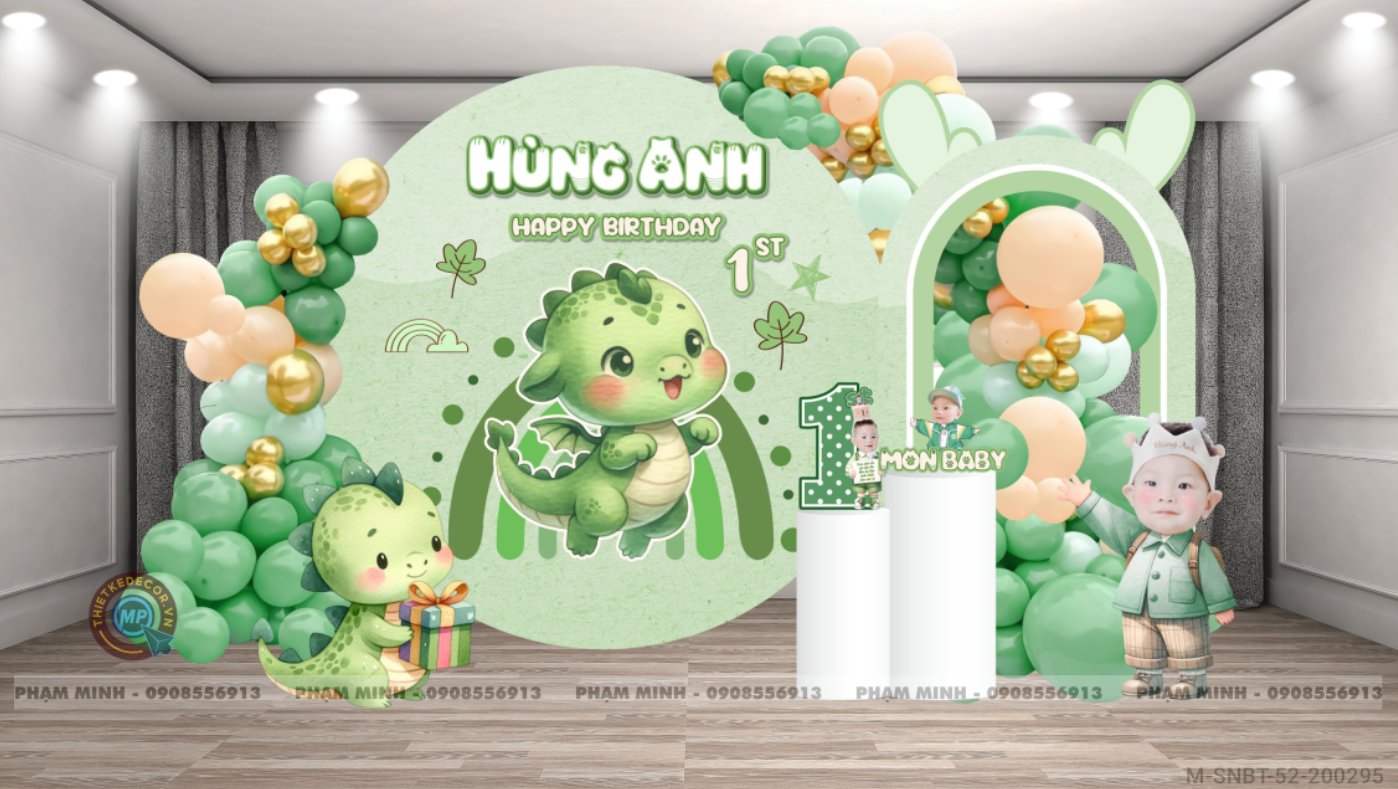 File thiết kế sinh nhật bé trai 1 tuổi con rồng khung tròn và chibi tone xanh lá cây cute dễ thương.