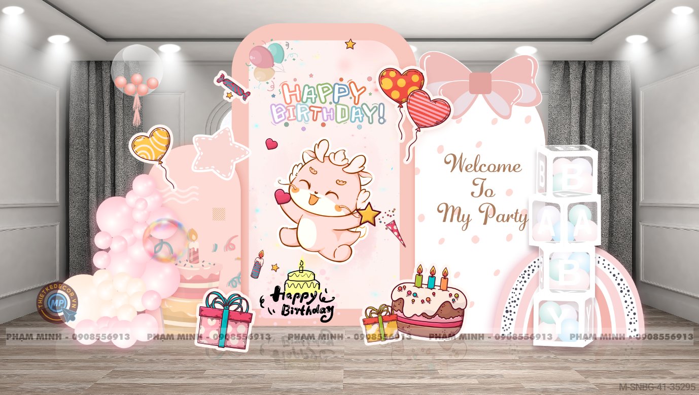 File thiết kế sinh nhật bé gái chủ đề rồng tone hồng dễ thương đáng yêu cute sang trọng.