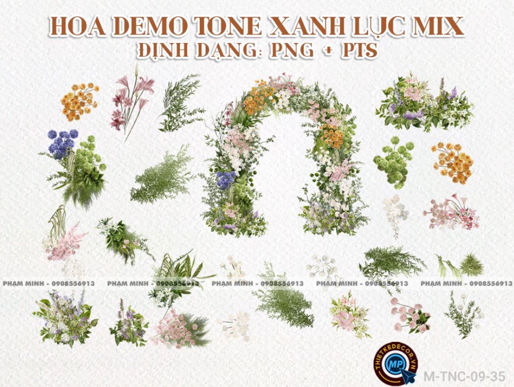 Hoa PNG cưới tone xanh lục mix demo Gia tiên, cổng cưới, photobook cưới.