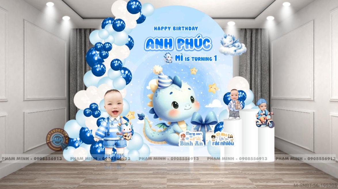 File thiết kế sinh nhật bé trai 1 tuổi con rồng khung U tone xanh blue cute dễ thương.