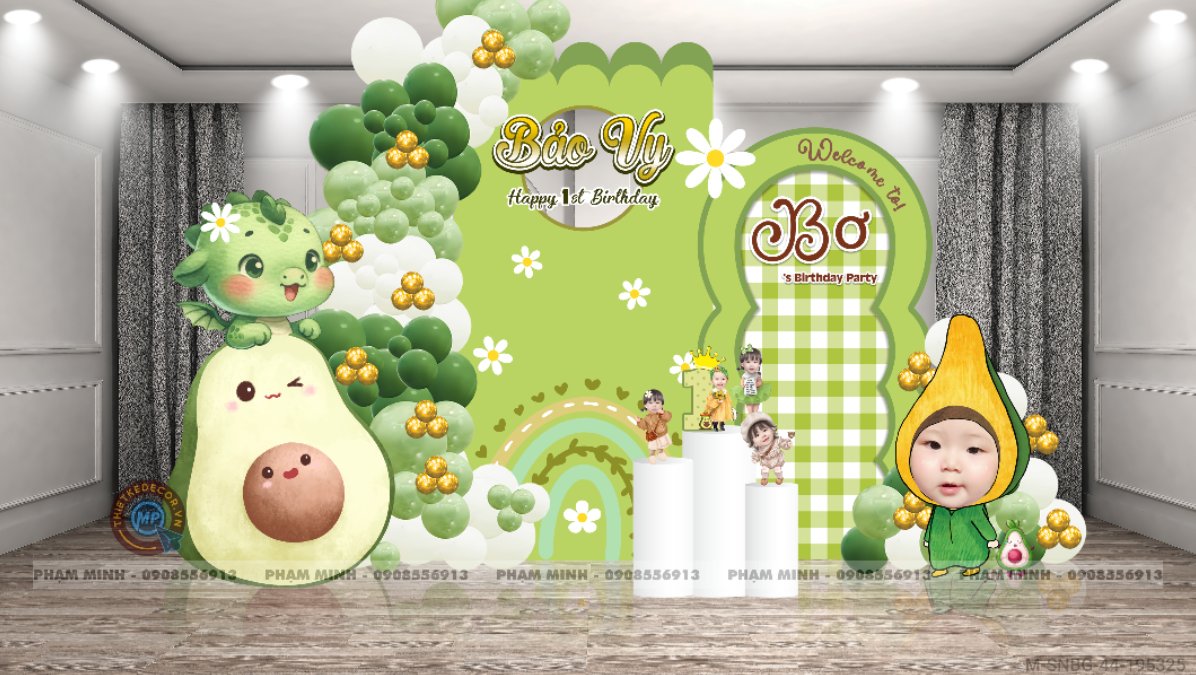 File thiết kế sinh nhật bé gái 1 tuổi chủ đề quả Bơ tuổi rồng tone xanh lá cute dễ thương.