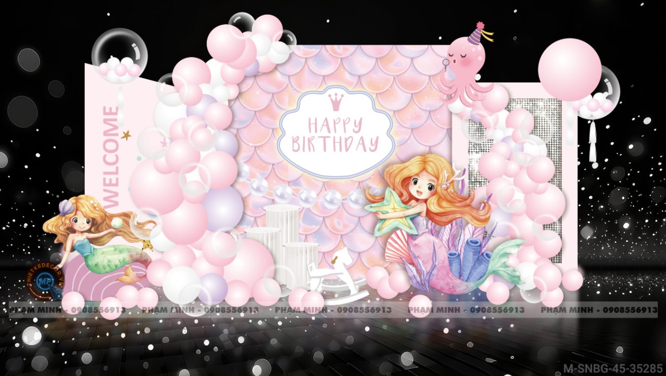 File thiết kế sinh nhật bé gái 1 tuổi chủ đề Tiên cá cute dễ thương.