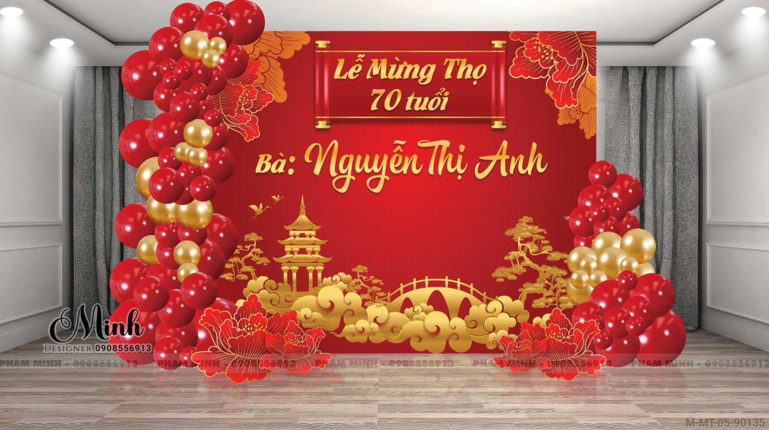 File thiết kế Background tiệc mừng thọ tone đỏ vàng sang trọng hiện đại