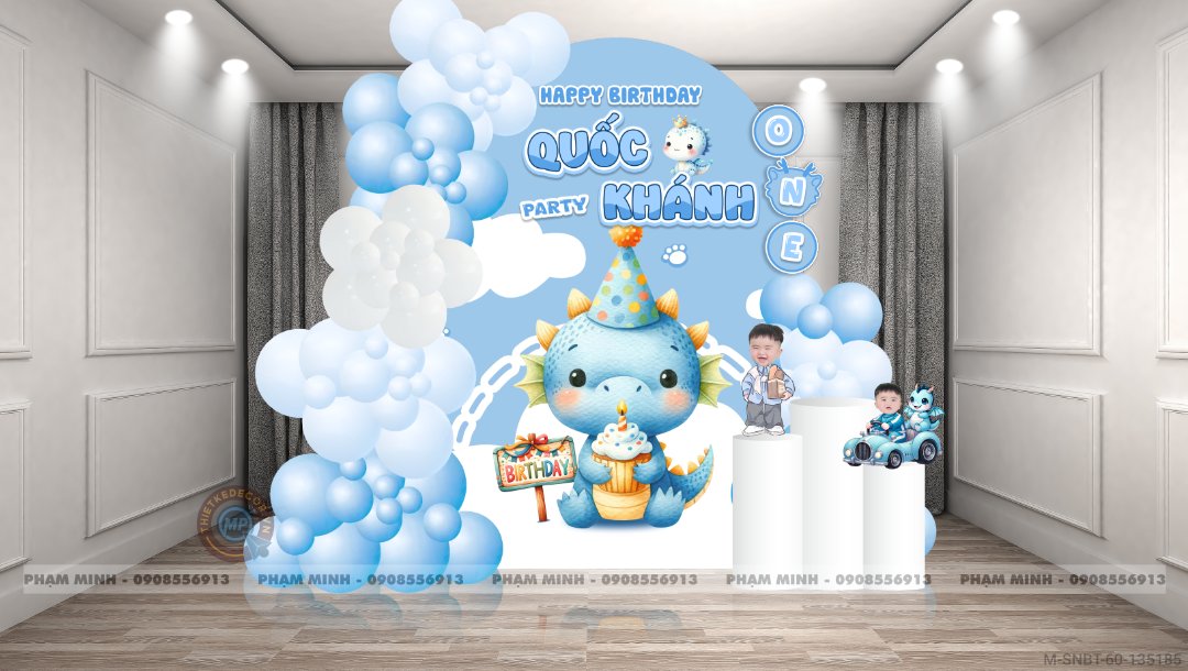 File thiết kế sinh nhật bé trai 1 tuổi con rồng khung U và chibi tone xanh da trời cute dễ thương.