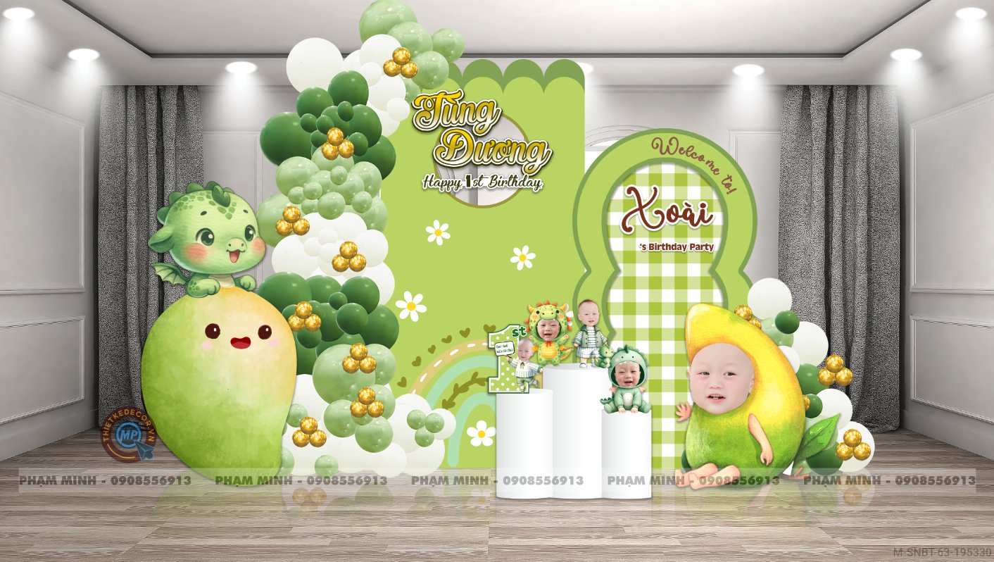 File thiết kế sinh nhật bé trai 1 tuổi con rồng chủ đề nick name XOÀI tone xanh lá cute dễ thương.