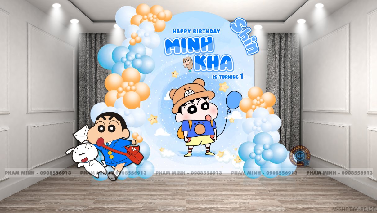 File thiết kế sinh nhật bé trai 1 tuổi chủ đề Shin cậu bé bút chì tone xanh cute dễ thương.