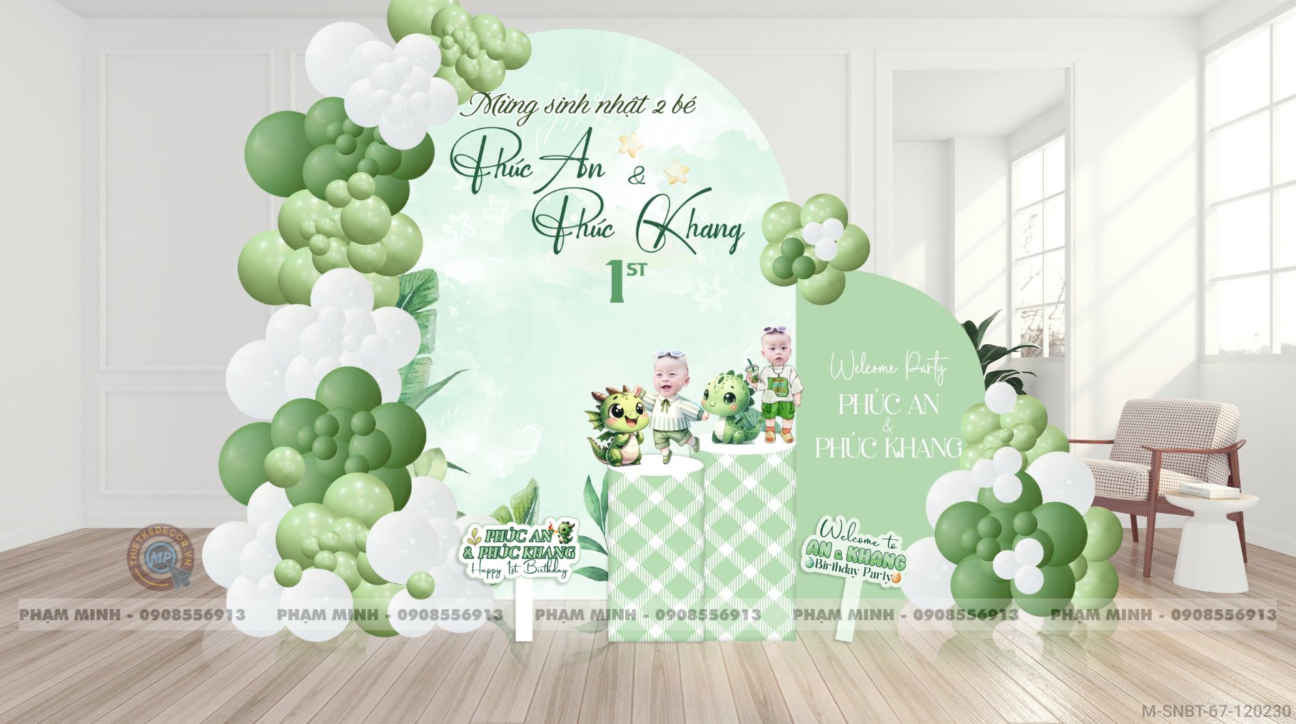 File thiết kế sinh nhật bé trai 1 tuổi con rồng và chibi tone xanh lá cute dễ thương.