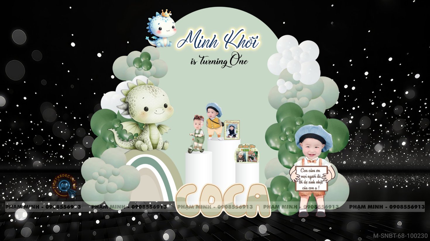 File thiết kế sinh nhật bé trai 1 tuổi con rồng và chibi tone xanh lá cute dễ thương.