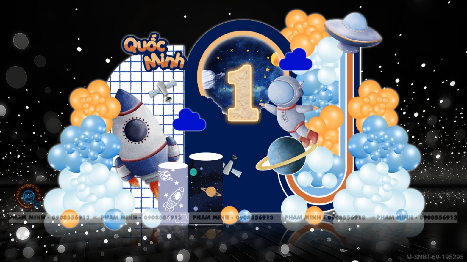 File thiết kế sinh nhật bé trai 1 tuổi chủ đề Phi hành gia vũ trụ cute dễ thương.