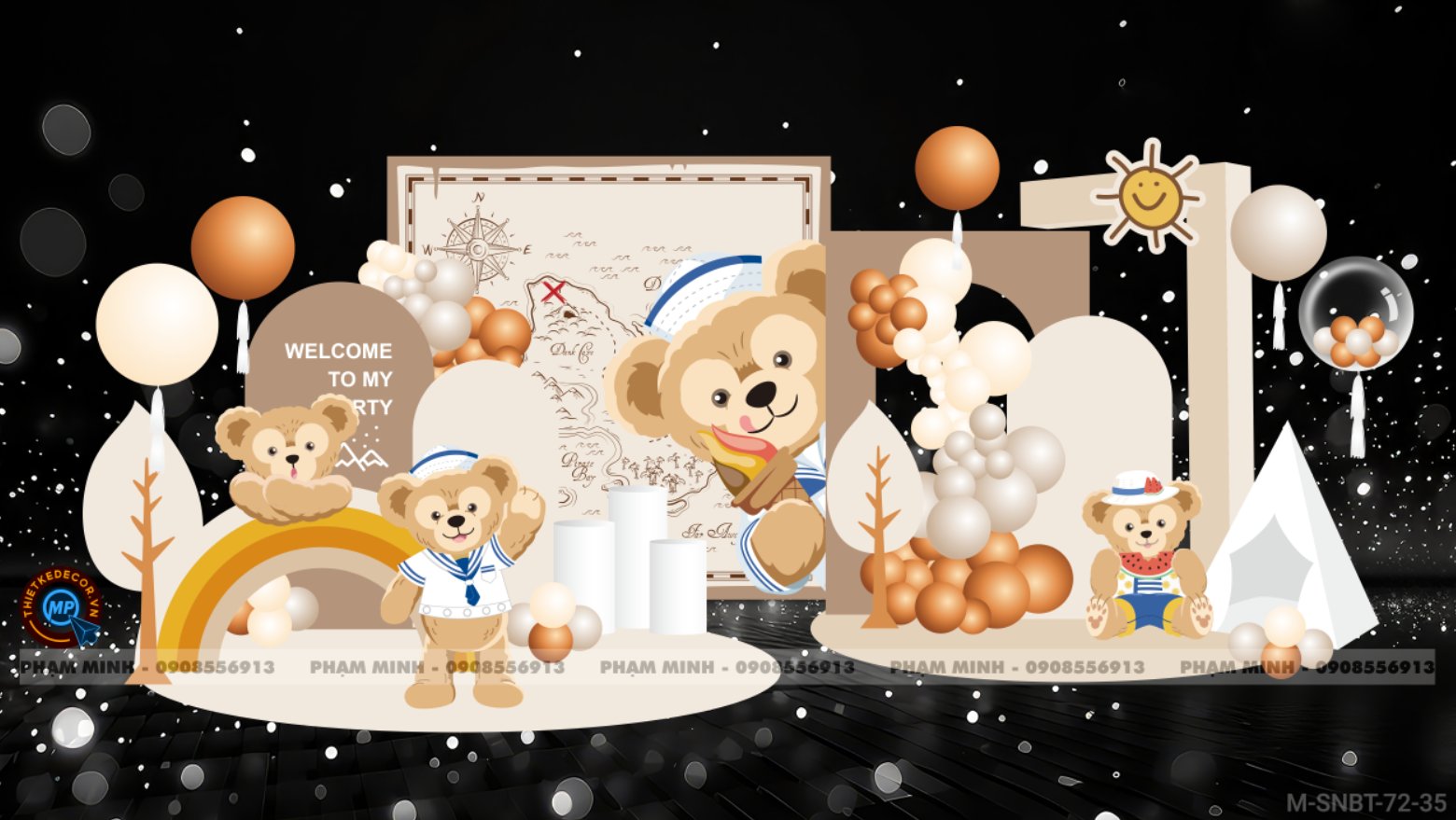 File thiết kế sinh nhật bé trai chủ đề gấu tone nâu cute dễ thương.