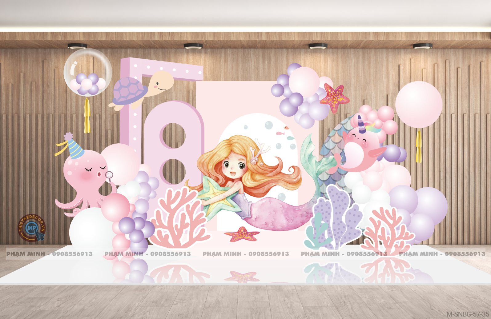 File thiết kế sinh nhật bé gái 1 tuổi chủ đề Tiên cá cute dễ thương.