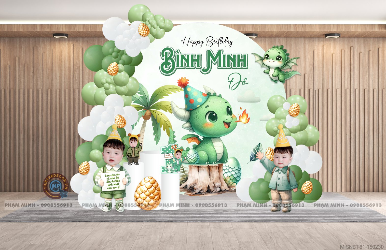 File thiết kế sinh nhật bé trai 1 tuổi con rồng khung tròn và chibi tone xanh lá cute dễ thương.