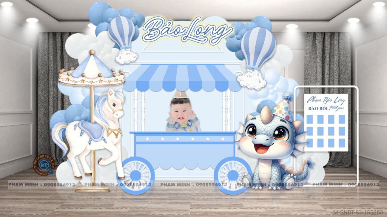 File thiết kế sinh nhật bé trai 1 tuổi con rồng tone xanh navy cute dễ thương.