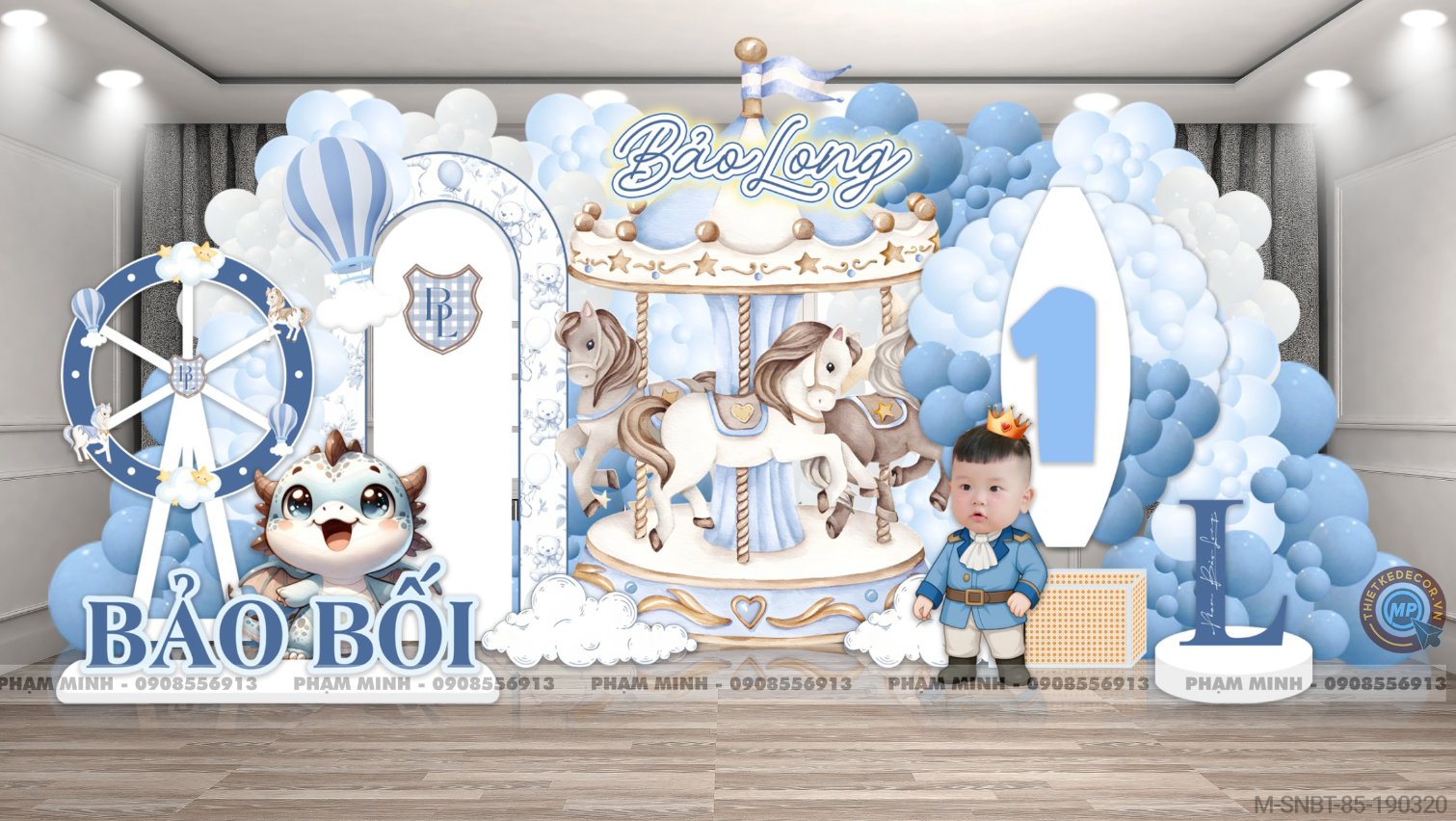 File thiết kế sinh nhật bé trai 1 tuổi con rồng tone xanh navy cute dễ thương.