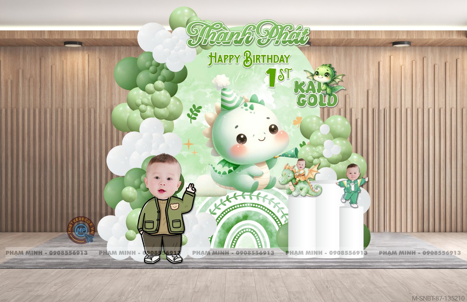 File thiết kế sinh nhật bé trai 1 tuổi con rồng khung U và chibi tone xanh lá cute dễ thương.